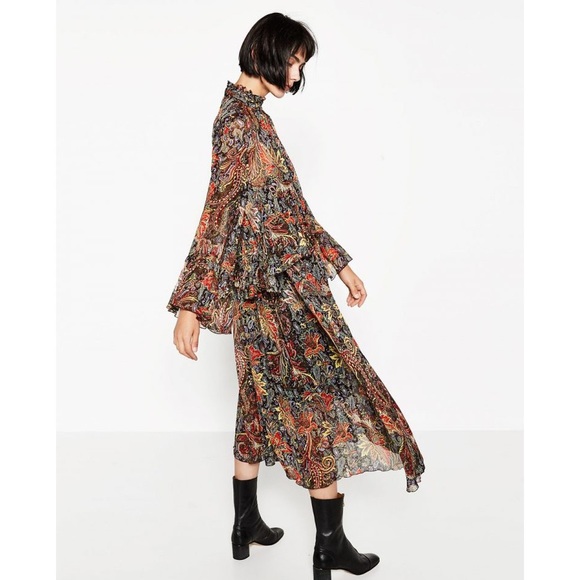 Zara Boho Floral Paisley Midi Dress with Bell Sleeves - Picture 2 of 12